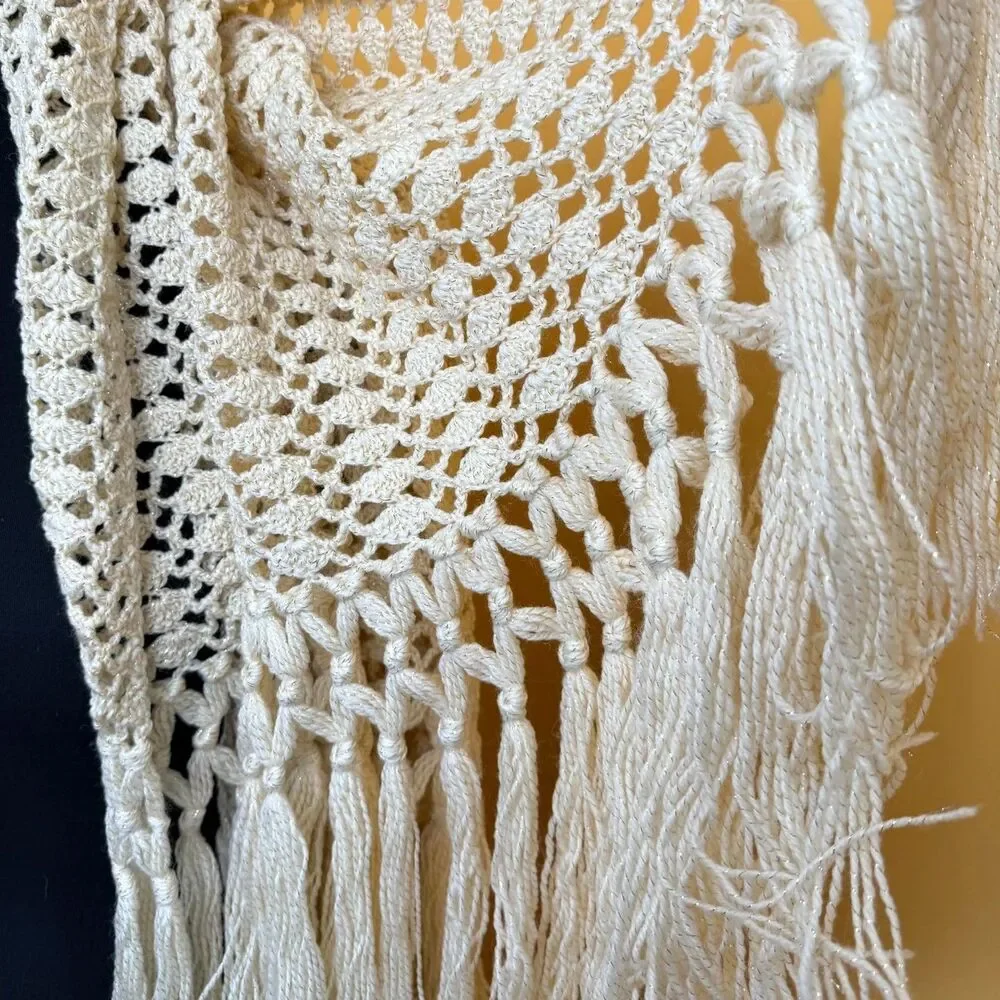 Vintage 70s Handmade Crochet Lace Scarf Cream Ivory Gold Metallic Shimmer Fringe